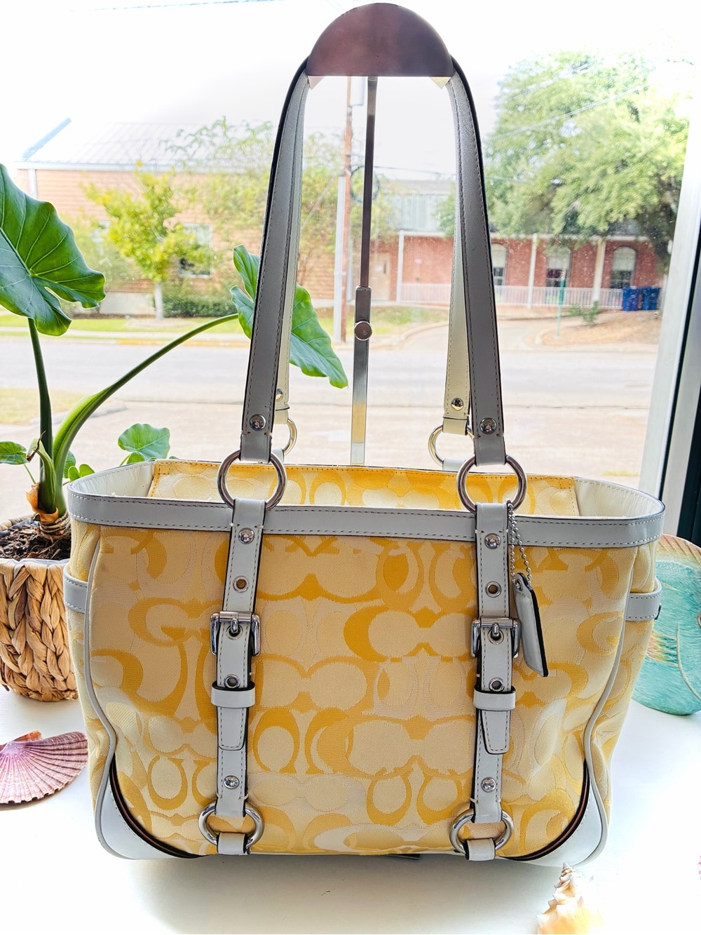 Coach Yellow Signature Jacquard Tote with White Trim